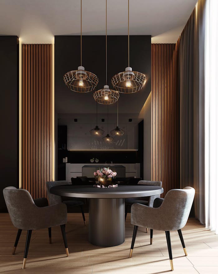 about-us A sophisticated, contemporary dining room with elegant lighting and luxurious furnishings.